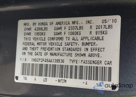 2010 Honda Accord 2.4 Lx-P from USA, damaged, VIN 1HGCP2F45AA139536